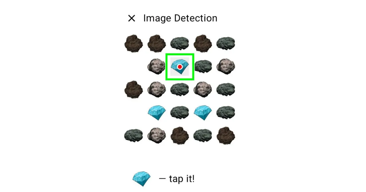 The TapEzy practice screen: Image Detection has found the diamond and is tapping it
