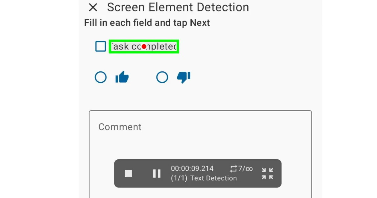 TapEzy tapping the detected words "Task completed" on the practice form